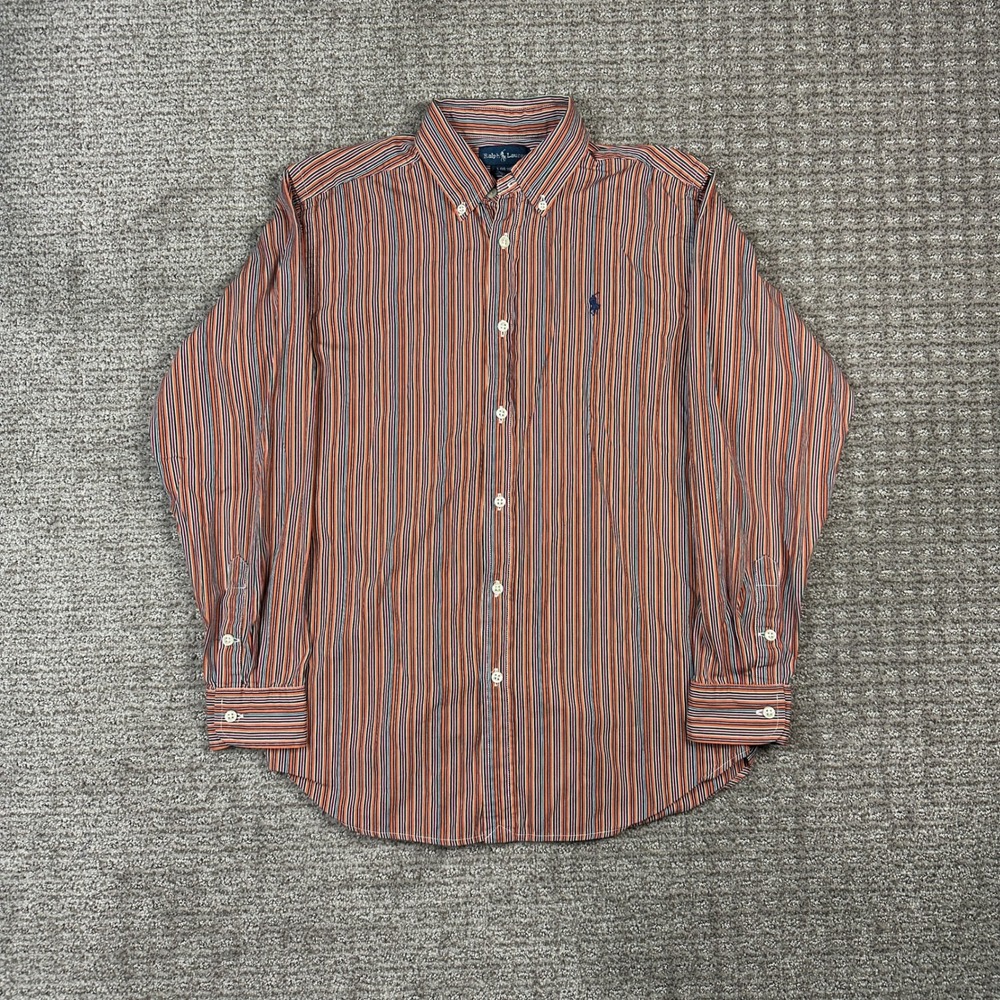 Vtg Ralph Lauren Multi Color Striped Button Down Shirt Orange Green Navy L 14-16